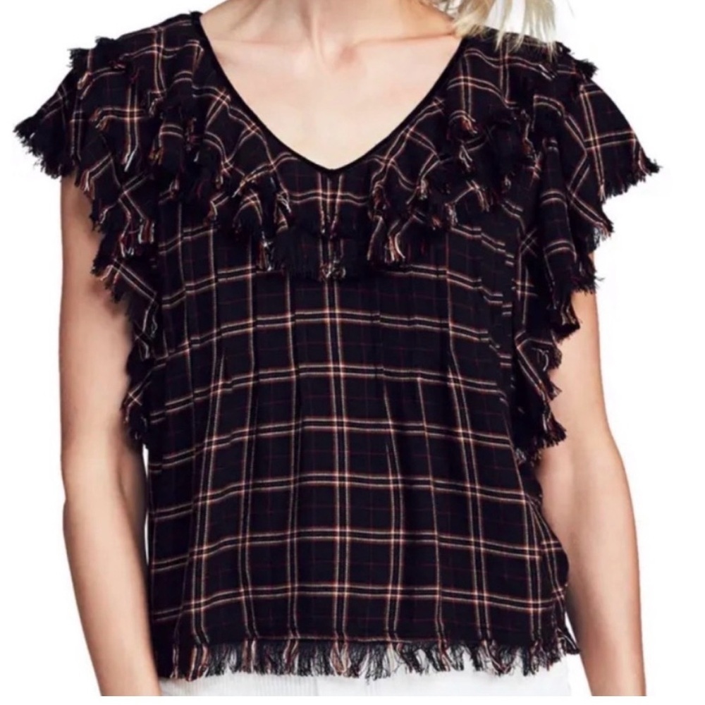 FAHERTY YOSEPHA TOP HARPER PLAID BLACK RED SHORT SLEEVE RUFFLE